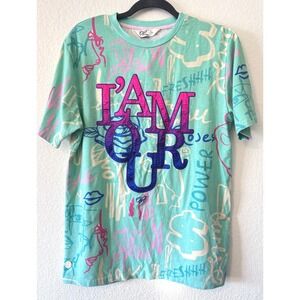 Original Fables L'AMOUR Streetwear Artsy Teal Graffiti Print Graphic Tee SZ M